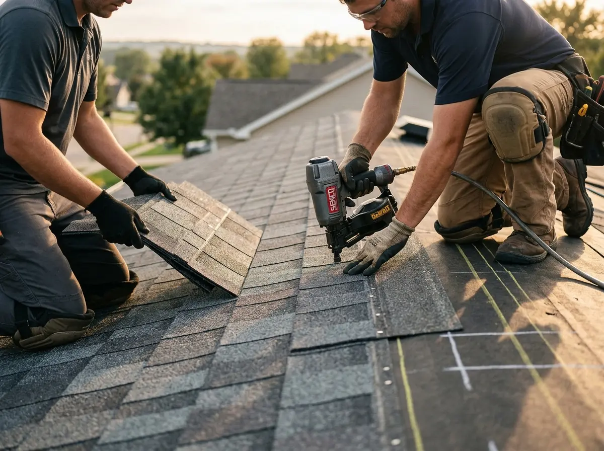 Professional roofer working on a residential roof in Merrydale